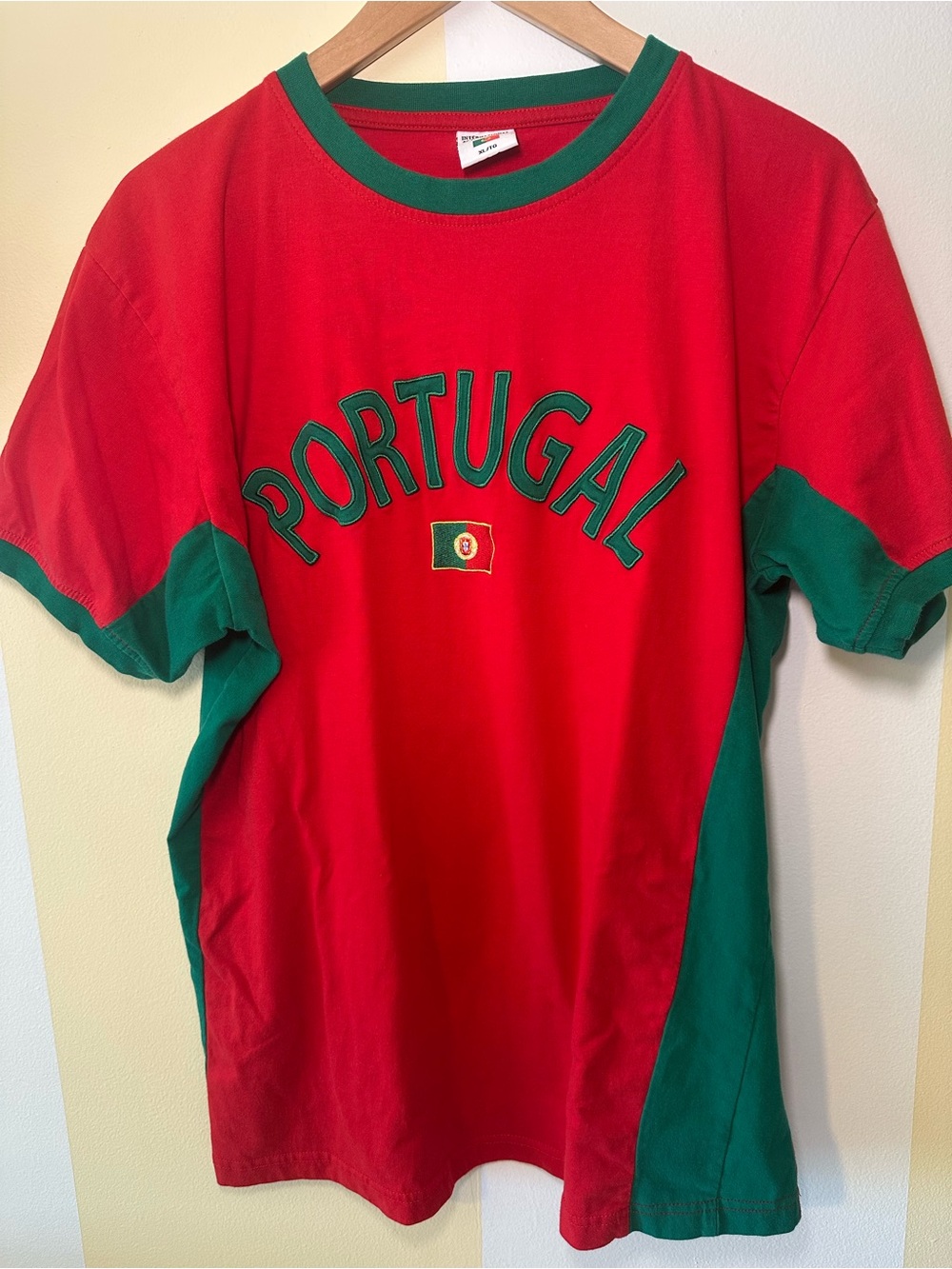Vintage Portugal Ringer Short Sleeve Tee in Red and Green Mens Size XL